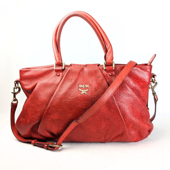 Pre-owned MCM Monogram Embossed Leather Satchel Shoulder Bag - Picture 2 of 7